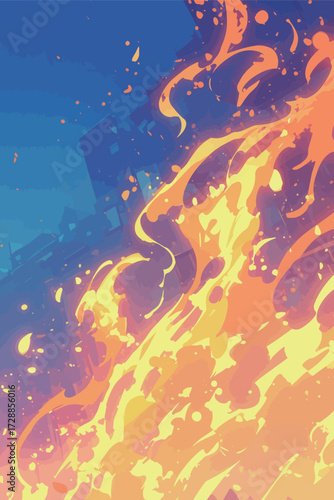 Flames dance upward in vivid orange and yellow hues, illuminating a dark sky while shadows of ruined buildings loom in the background.