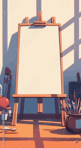 An art studio features a blank canvas on an easel surrounded by brushes, paints, and a warm, inviting atmosphere created by sunlight streaming in.