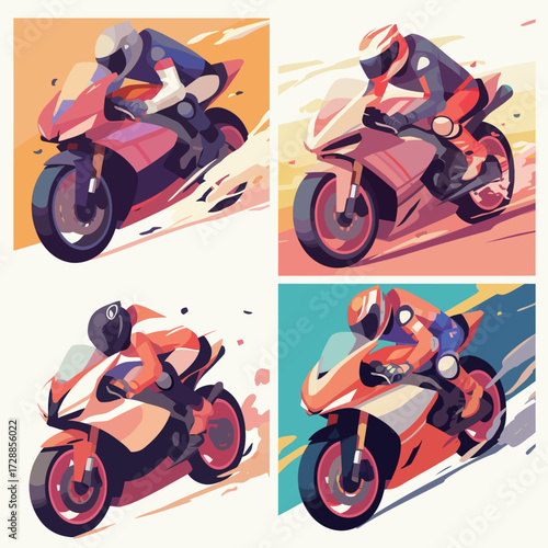 Dynamic illustrations capture motorcycle racers in vibrant colors and intense action. Each rider showcases skill and speed as they navigate the racetrack.