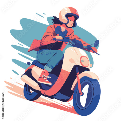 A young woman is riding a colorful scooter through a lively city scene. She wears a helmet and casual clothing, showing confidence and excitement while navigating the streets.