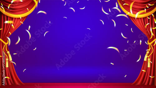 A grand theater stage is set with lush, rich red velvet curtains, pulled back and tied with golden tassels, revealing a vibrant deep blue backdrop. Golden confetti rains down gracefully