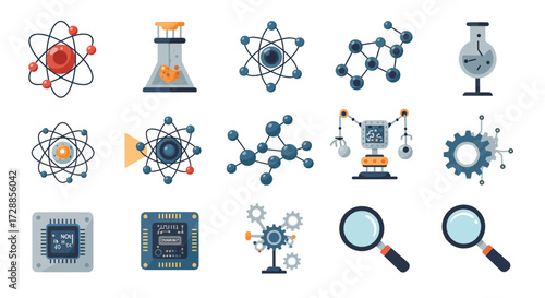 A grid of flat design icons depicting science technology and engineering concepts