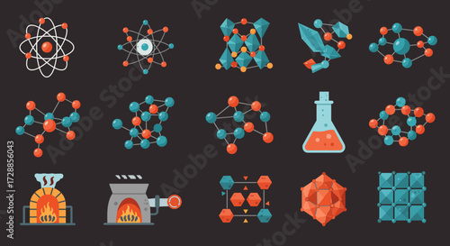 A grid of fifteen flatstyle icons depicting various scientific and chemical concepts