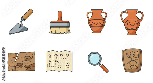 Archaeology icons depicting tools artifacts excavation site map and magnifying glass