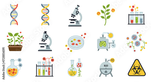 A grid of twelve flatdesign icons illustrating concepts related to genetics microbiology and botany