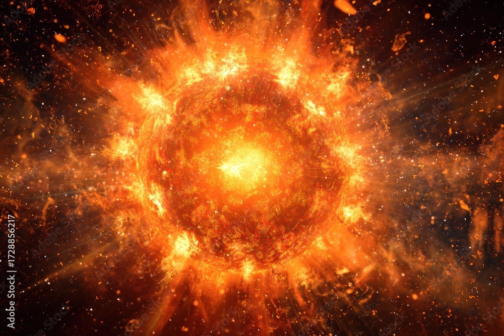 Obraz premium A powerful, fiery explosion illuminates the cosmos, showcasing vibrant hues of orange and yellow.