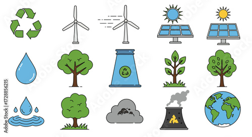 Collection of 12 icons illustrating environmental concepts like recycling energy and nature