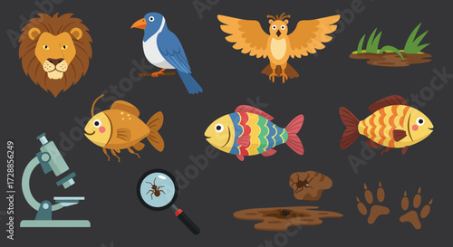 Collection of cartoon biology and nature icons on a dark background