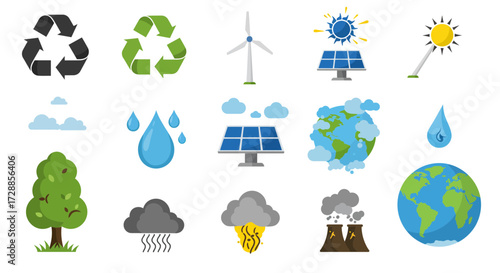 Collection of icons depicting recycling renewable energy and environmental pollution