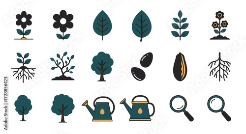 Collection of plant growth icons seeds tools and magnifying glasses