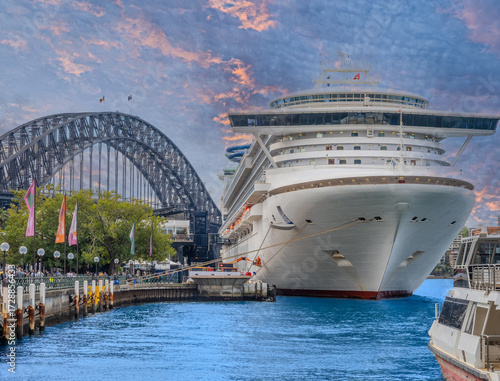 Fototapeta Cruise Liner in Circular Quay on Sydney harbour NSW Australia The harbour bridge