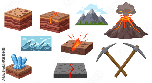 Collection of geology and earth science icons rock layers volcano waves crystals and tools