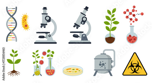 Collection of sciencerelated icons including DNA microbes microscopes plants flasks and a biohazard sign