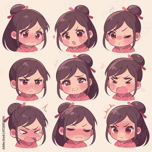 This artwork features a girl with long dark hair in a kimono, displaying a range of emotions including joy, anger, and surprise. The style is colorful and animated.