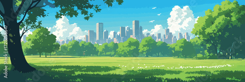A clear day showcases a vibrant city skyline against a backdrop of lush green trees and grassy fields. The scene captures a peaceful urban oasis amid nature.