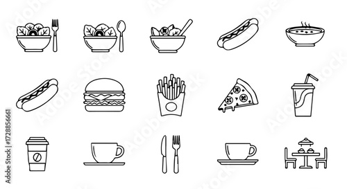 A versatile collection of minimalist outline vector icons representing popular food, beverages, and dining elements, perfect for modern digital menus, quick service apps, and restaurant graphics