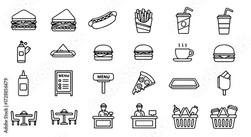 Collection of fast food and dining icons, including burgers, drinks, sandwiches, and restaurant elements