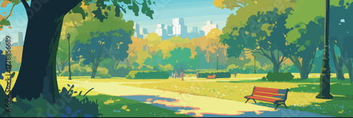People stroll through a lush city park filled with greenery. Sunlight shines down, creating a welcoming and cheerful atmosphere for visitors to enjoy.