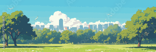 People enjoy a sunny day in a vast green park filled with lush trees, while city buildings rise in the background under a clear blue sky.