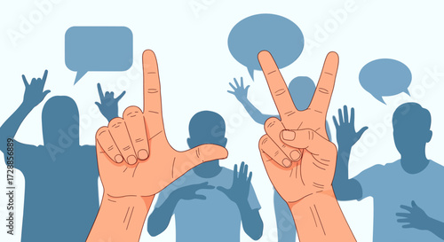 Illustration of hands using sign language with a community of people communicating in the background.