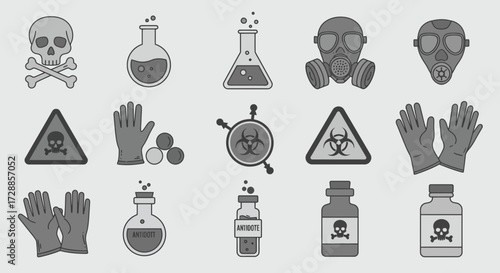 Monochrome icons related to hazard poison and protective gear layout