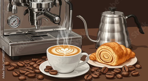 A steaming cup of latte art coffee sits beside a croissant and coffee beans, with an espresso machine and gooseneck kettle in the background.