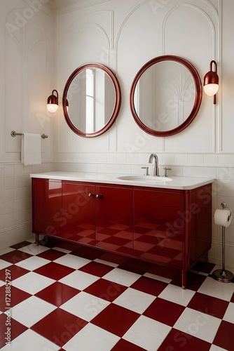 Modern bathroom interior with red vanity, checkered floor, and round mirrors viewed directly