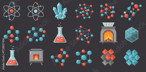 Set of 18 stylized icons representing physics chemistry and materials science concepts