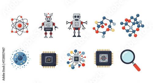 Ten flat icons of science and technology concepts arranged in two rows