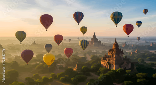 Hot air balloons float over ancient temples in Bagan, Myanmar, during sunrise, creating a stunning aerial view.