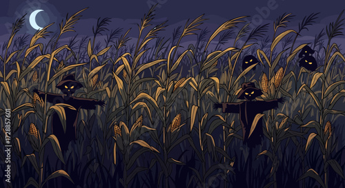 Creepy scarecrows with glowing eyes stand in a dark cornfield at night under a crescent moon.