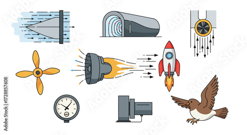 Various illustrations depicting principles of aerodynamics and propulsion
