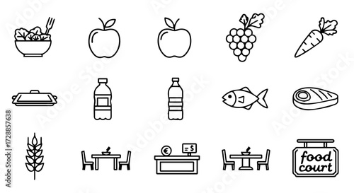A versatile collection of monochrome food and dining icons in a clean outline style, representing healthy eating and restaurant services