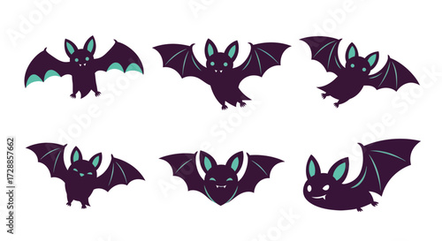 A collection of six cute cartoon bats in different flying poses, featuring dark purple bodies and teal wing details, suitable for Halloween designs.