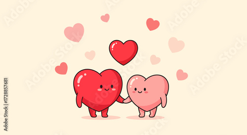 Two cute cartoon hearts in love holding hands, surrounded by smaller floating hearts on a light background.
