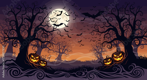 A spooky Halloween night scene with silhouetted trees, jack-o'-lanterns, bats, and a full moon.