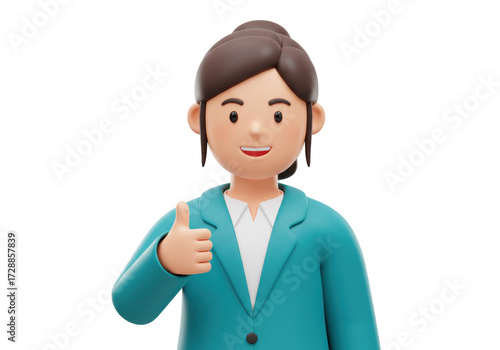 Isolated 3D render of a friendly businesswoman giving a thumbs up gesture expressing approval success and agreement professional female character showing positive sign