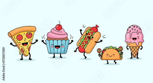 Cartoon fast food characters: pizza, cupcake, hotdog, taco, and ice cream cone.