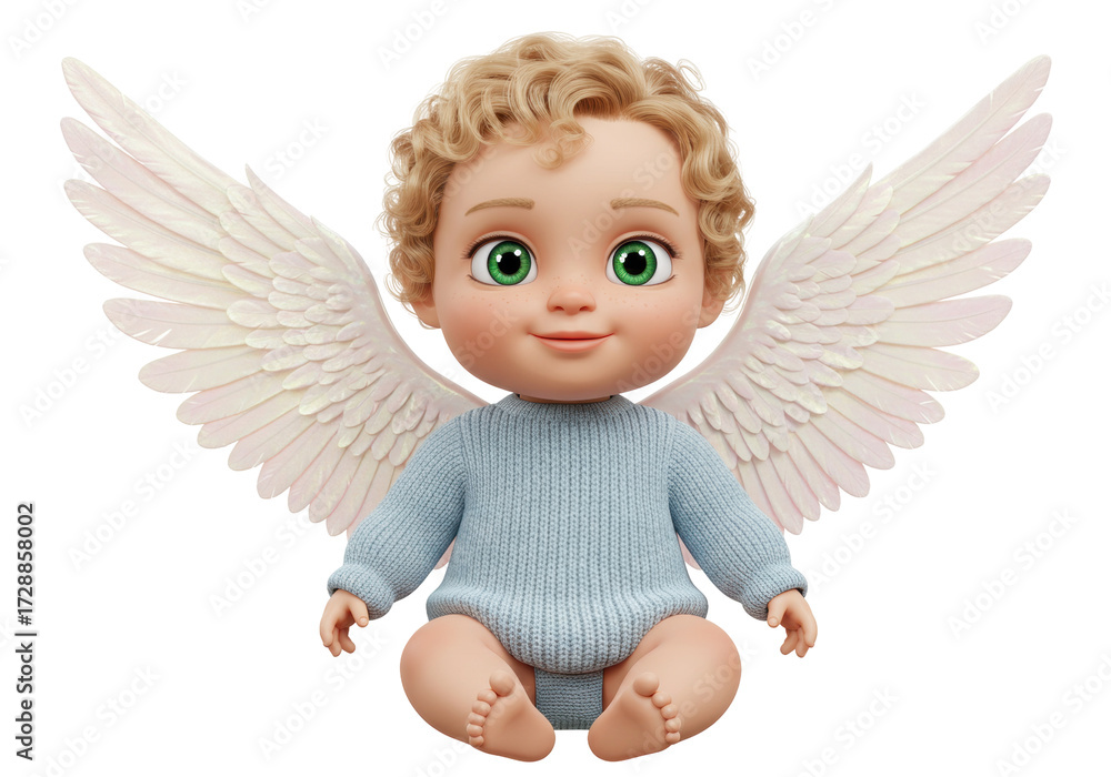 Fototapeta premium Isolated cute baby angel with blonde curly hair and green eyes wearing a blue sweater and white wings smiling while sitting
