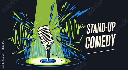 A graphic illustration for a stand-up comedy show featuring a vintage microphone under a spotlight with energetic sound waves.