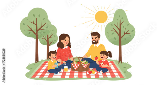 A happy family enjoying a sunny picnic outdoors in a park with trees and a checkered blanket.