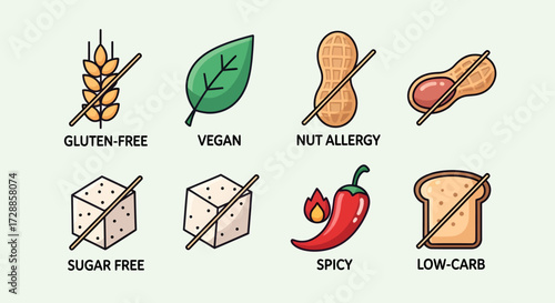 Collection of dietary restriction and food preference icons including gluten-free, vegan, nut allergy, sugar-free, spicy, and low-carb.