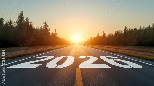 2026 New Year concept with large white numbers on empty asphalt road leading to sunrise horizon, symbolizing journey, hope, new opportunities, and future goals.