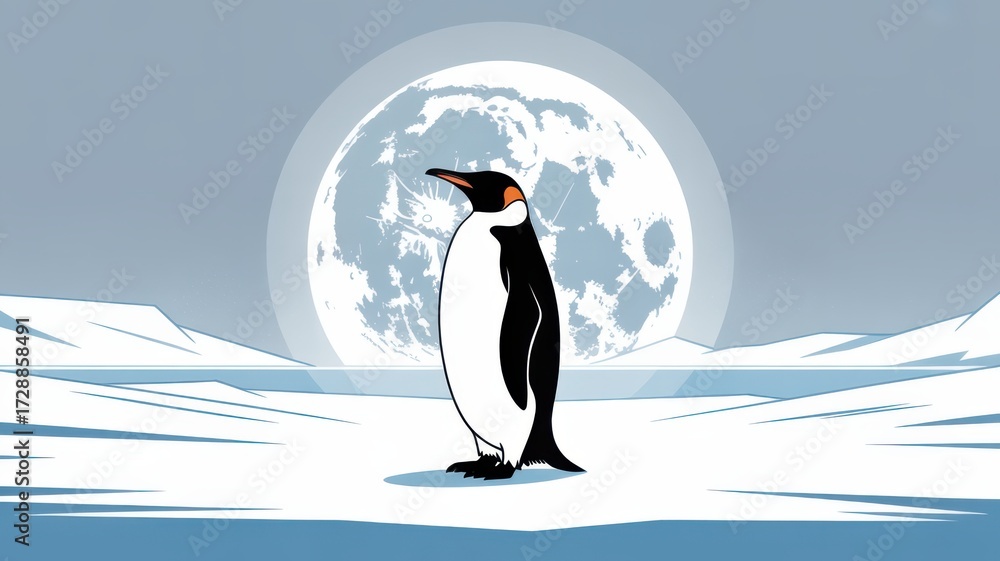 Obraz premium A solitary emperor penguin stands on an icy plain under a large full moon, with snowcovered hills in the background, evoking a sense of cold and isolation in the antarctic wilderness
