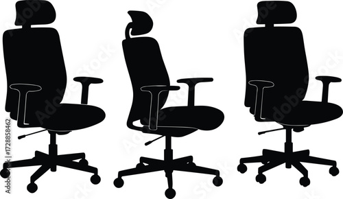 chair, office, ergonomic, seat, furniture, silhouette, vector, design, comfort, modern, business, workplace, swivel, wheel, armrest, headrest, backrest, interior, object, illustration,