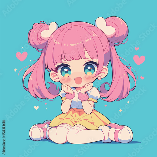 A cheerful animated character with bright pink hair and big blue eyes sits on a blue background, showing joy and excitement with a happy expression and cute outfit.