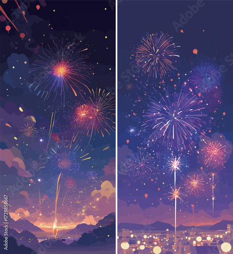 Bright fireworks explode in a night sky filled with stars, illuminating a tranquil landscape. The colorful bursts reflect in the water below, adding to the festive atmosphere.