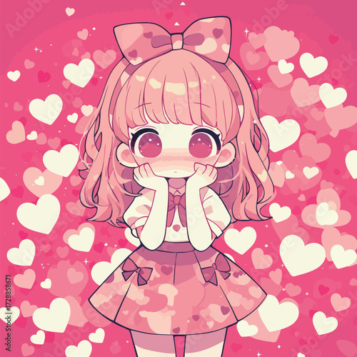 A cheerful anime girl with big eyes and a pink bow looks excited, resting her chin on her hands. Heart patterns in the background create a delightful atmosphere.