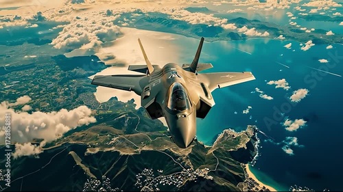 A fighter jet flying over a large body of water