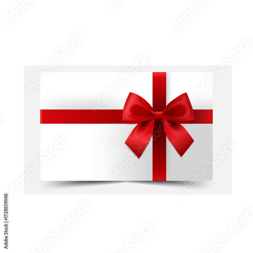 Vector 3D Realistic Gift Card or Gift Certificate Mockup with Red Satin Ribbon and Elegant Bow – Blank Template for Birthday, Valentine's Day, Christmas, Sale, or Invitation Design
